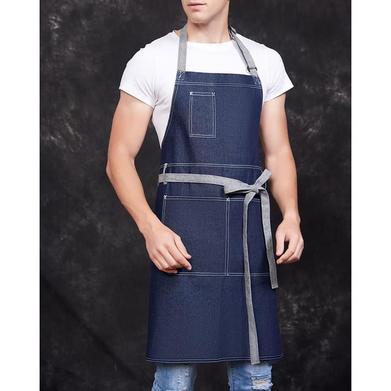 12 oz. 100% Cotton Denim Kitchen Aprons w/ Grey front straps & 3 Pockets