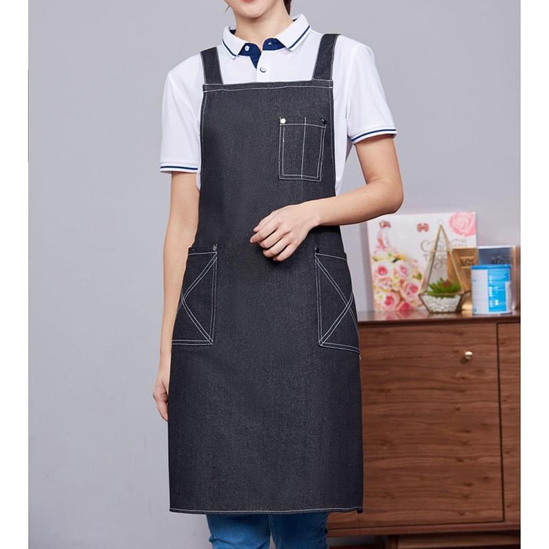Cotton Denim Kitchen Aprons w/ Cross Strap & 3 pockets