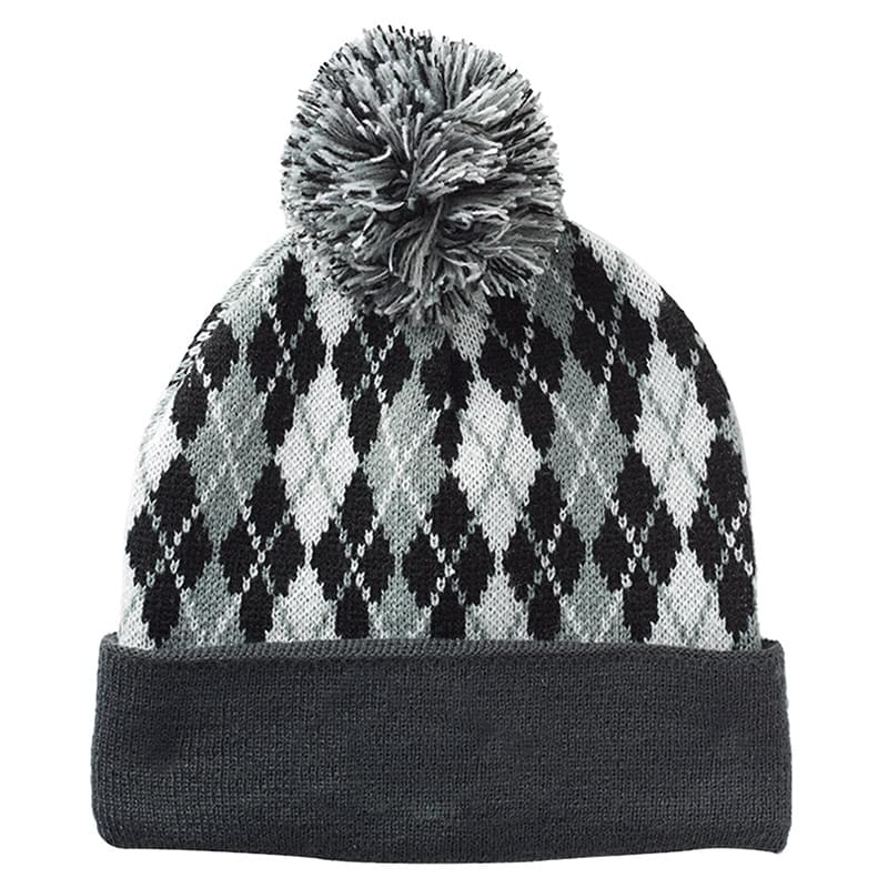 Knitted Pompom Beanies with a Diamond Pattern Design