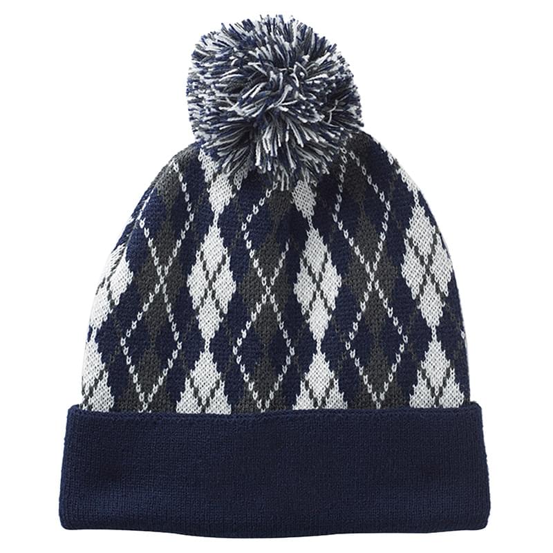 Knitted Pompom Beanies with a Diamond Pattern Design