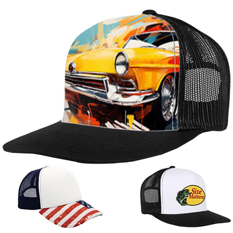 5 Panel Sublimation Polyester Mesh back Trucker Cap with Plastic Snapback