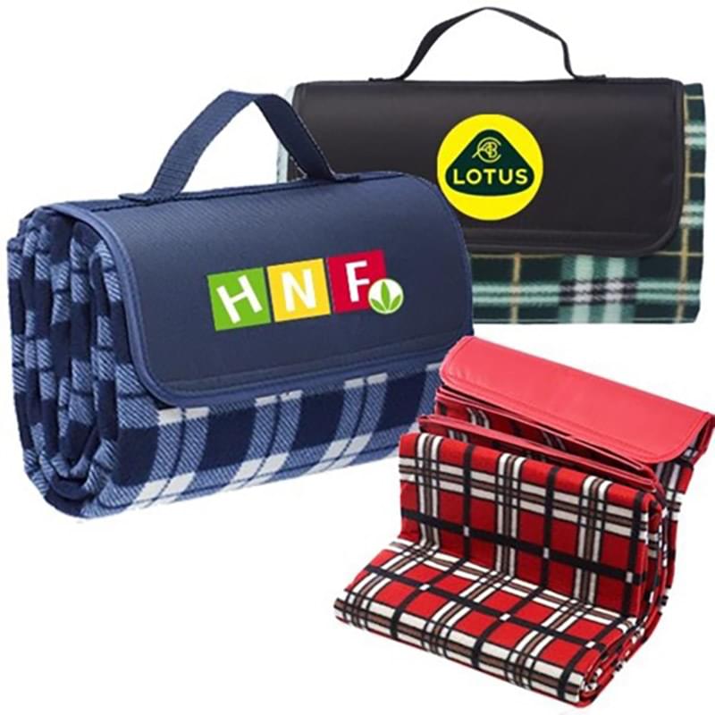 Fleece Blanket w/ Grid Pattern Design & Woven Handle Roll Up