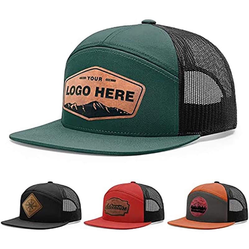 Premium 7-Panel Mesh Back Cap Flat Bill Trucker Hat with Snapback Closure