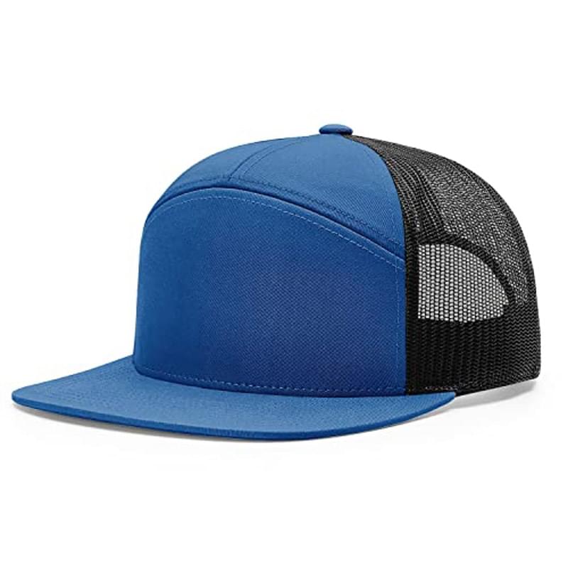 Premium 7-Panel Mesh Back Cap Flat Bill Trucker Hat with Snapback Closure