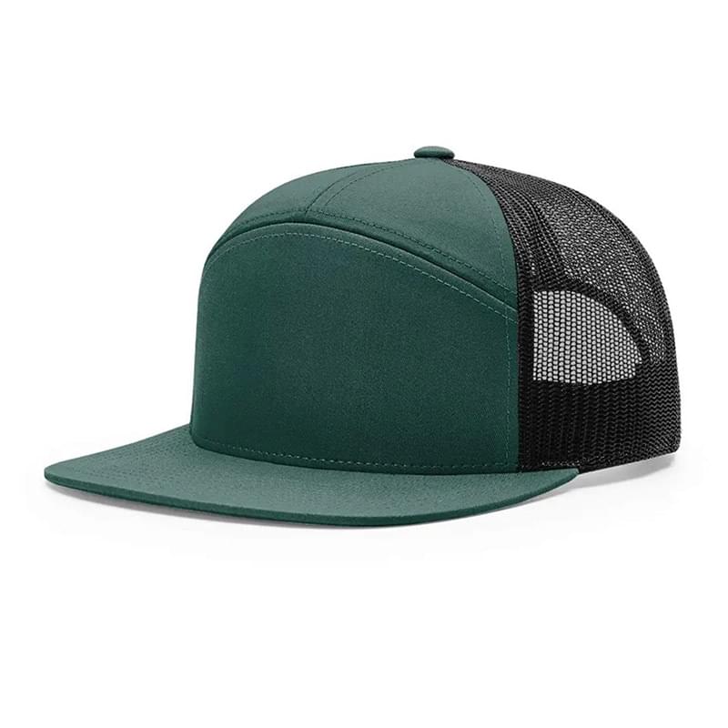 Premium 7-Panel Mesh Back Cap Flat Bill Trucker Hat with Snapback Closure