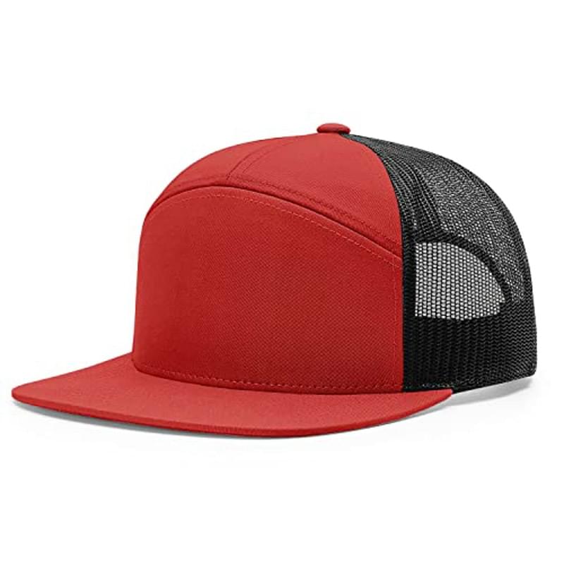 Premium 7-Panel Mesh Back Cap Flat Bill Trucker Hat with Snapback Closure