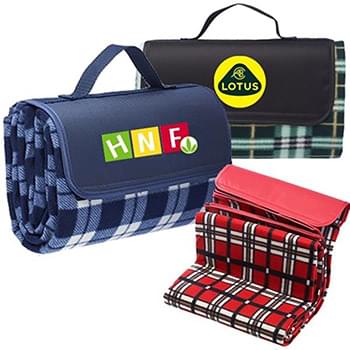 Fleece Blanket w/ Grid Pattern Design & Woven Handle Roll Up