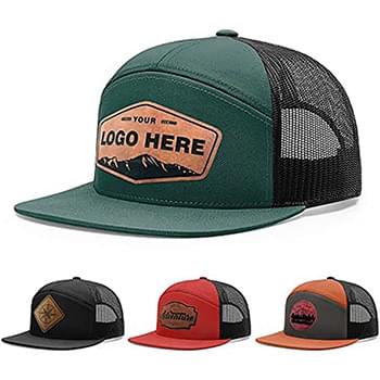 Premium 7-Panel Mesh Back Cap Flat Bill Trucker Hat with Snapback Closure